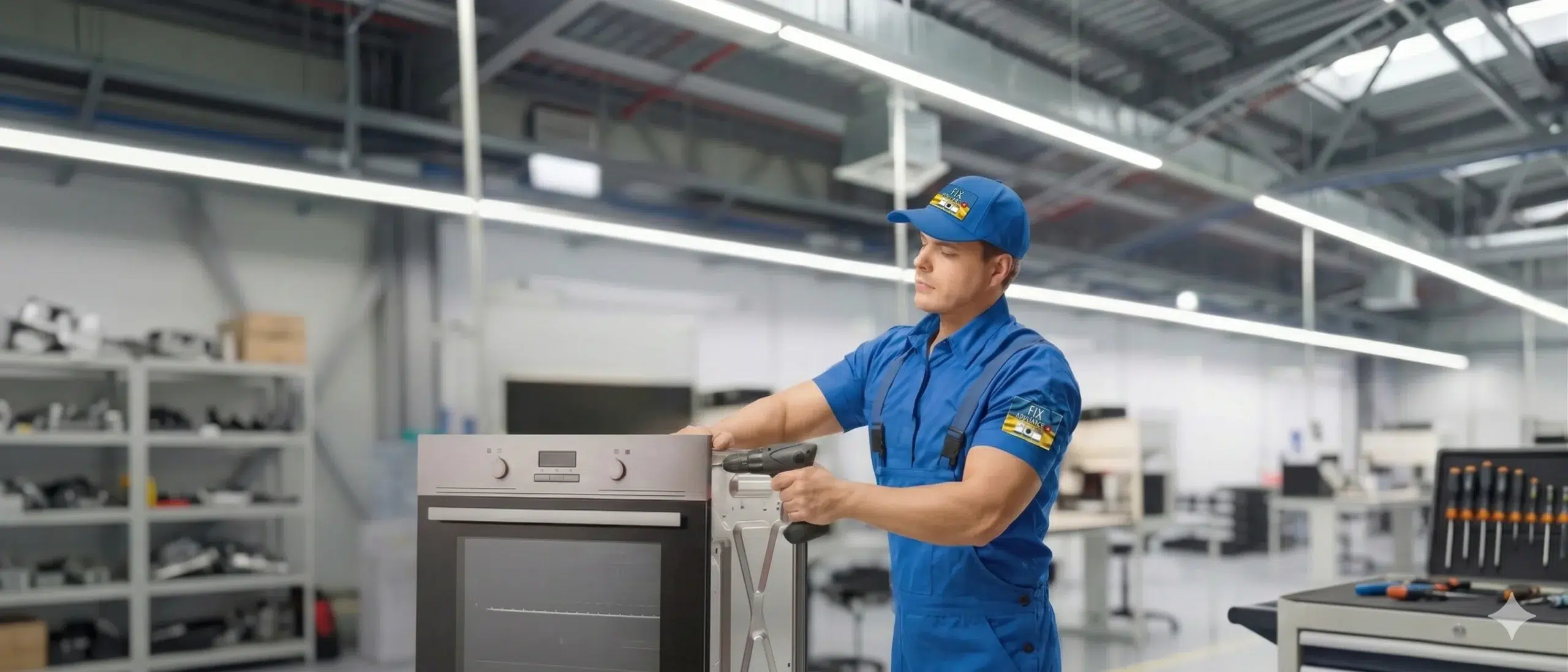 An appliance repairman repairing an oven in Woodstock, Ontario.