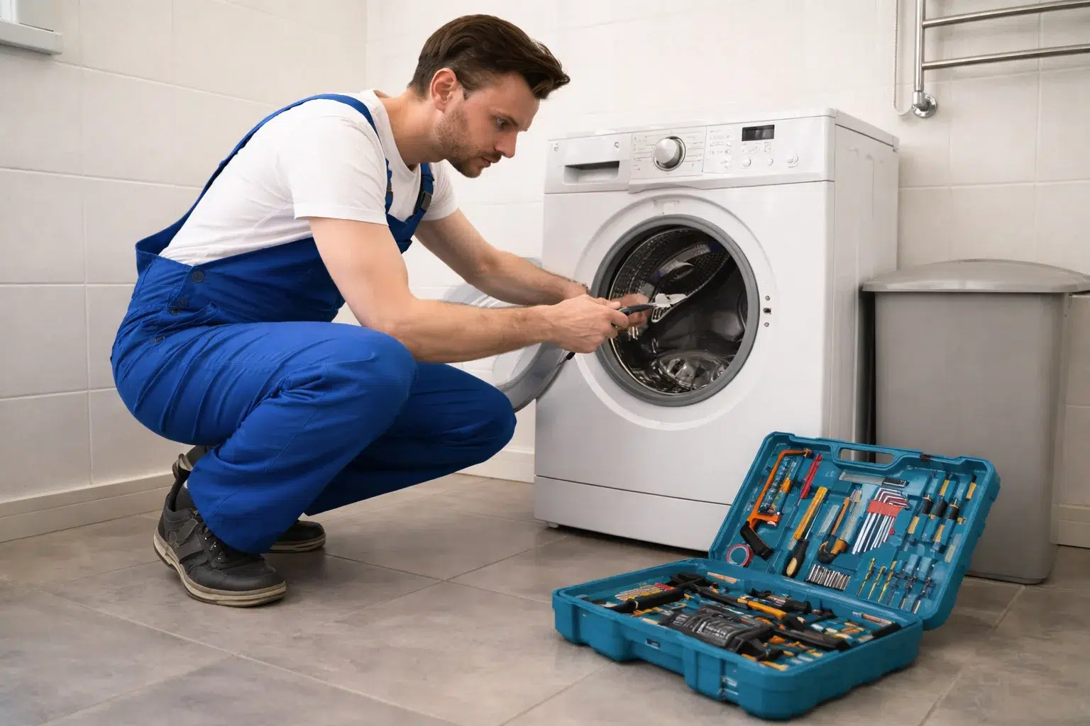 Dryer repair technician and repair Dryer with tools.